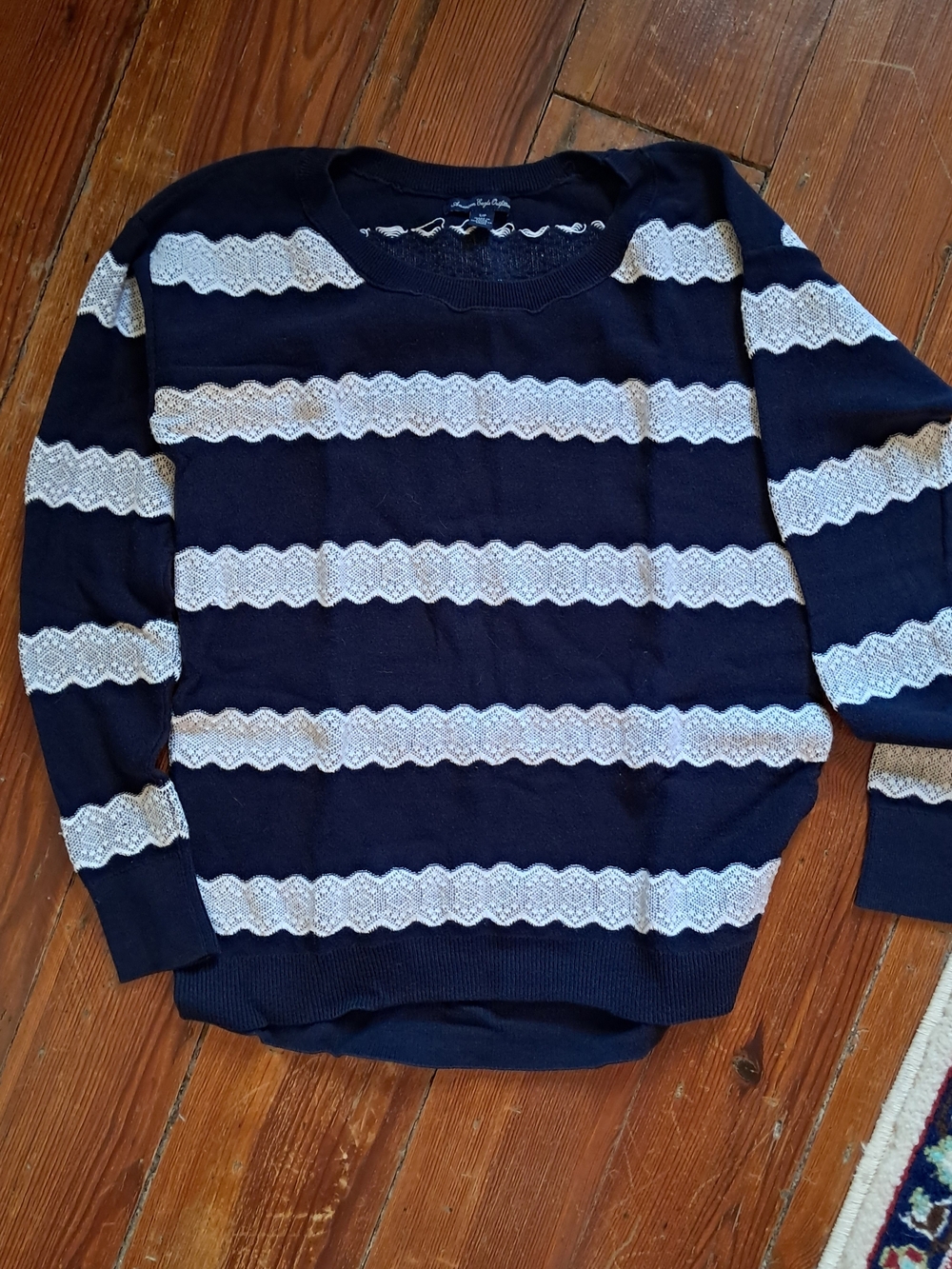 American Eagle Outfitters Navy Blue Sweatshirt with White Lace Stripes